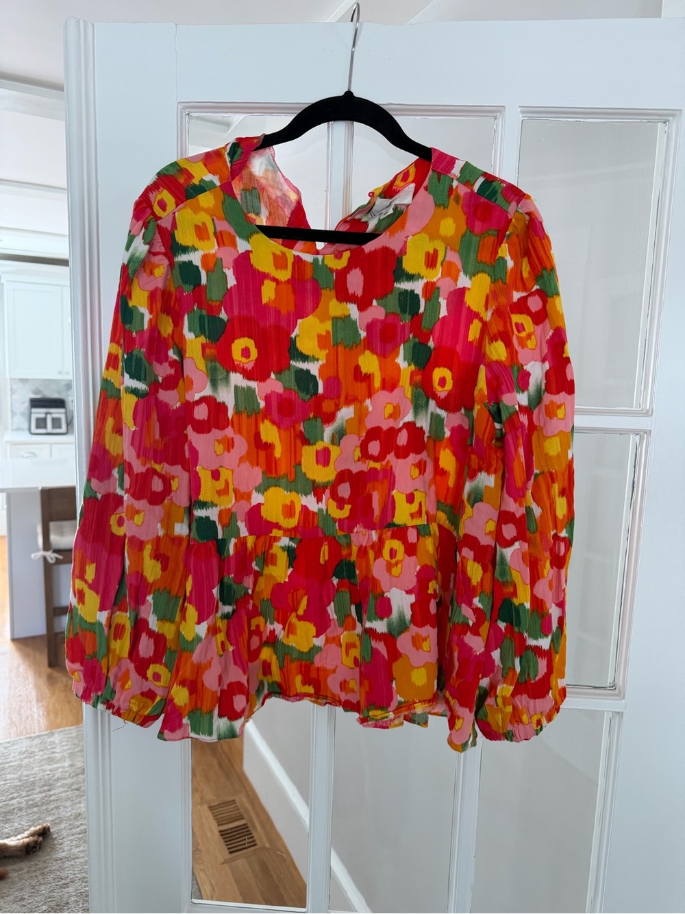 Floral Long-Sleeve Pleated Peplum Top - Pink/Red/Yellow